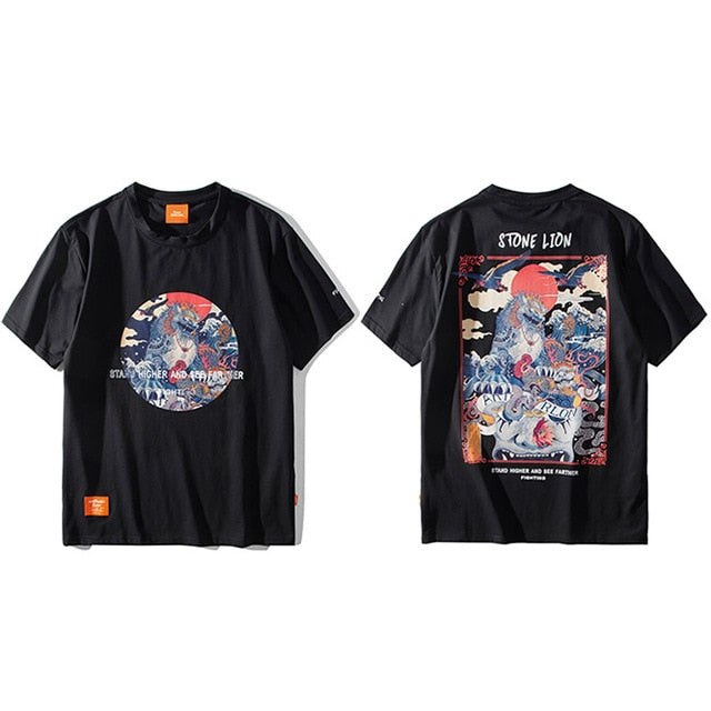 Harajuku T Shirt Men Hip Hop T-Shirt Stone Lion Chinese Streetwear Summer Tshirts Short Sleeve Cotton Tops Tees Hipster New