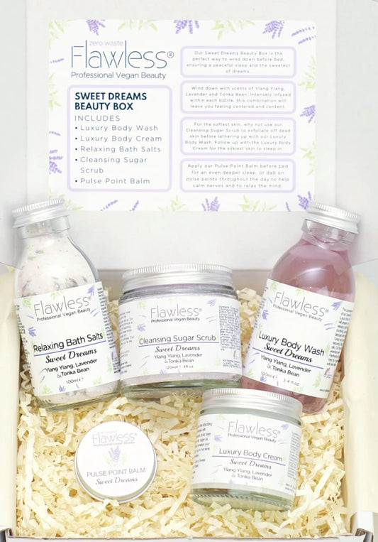 Flawless Sweet Dreams beauty box with various skincare products.