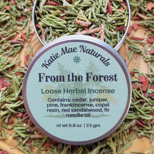 Katie Mae Naturals loose herbal incense packaging with ingredients listed.