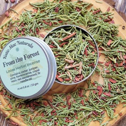 Katie Mae Naturals From the Forest loose herbal incense on a wooden surface