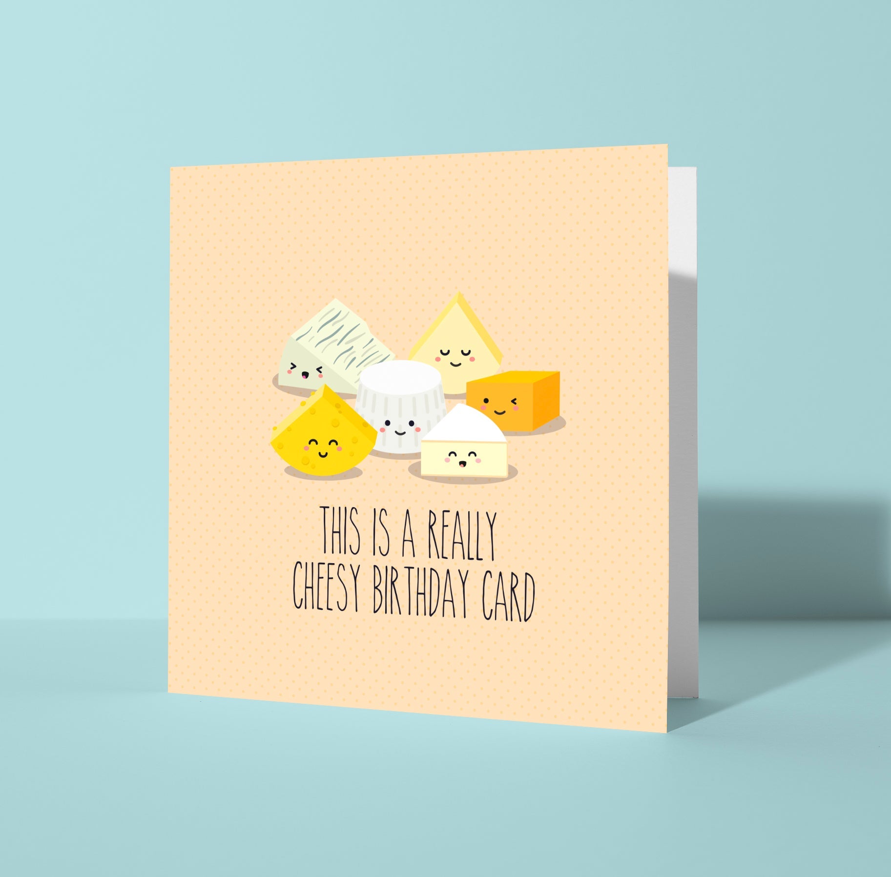 Greeting card with cartoon cheese characters and text on a light blue background