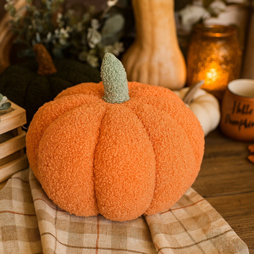 Fuzzy orange pumpkin on a checkered cloth with a warm, cozy background.