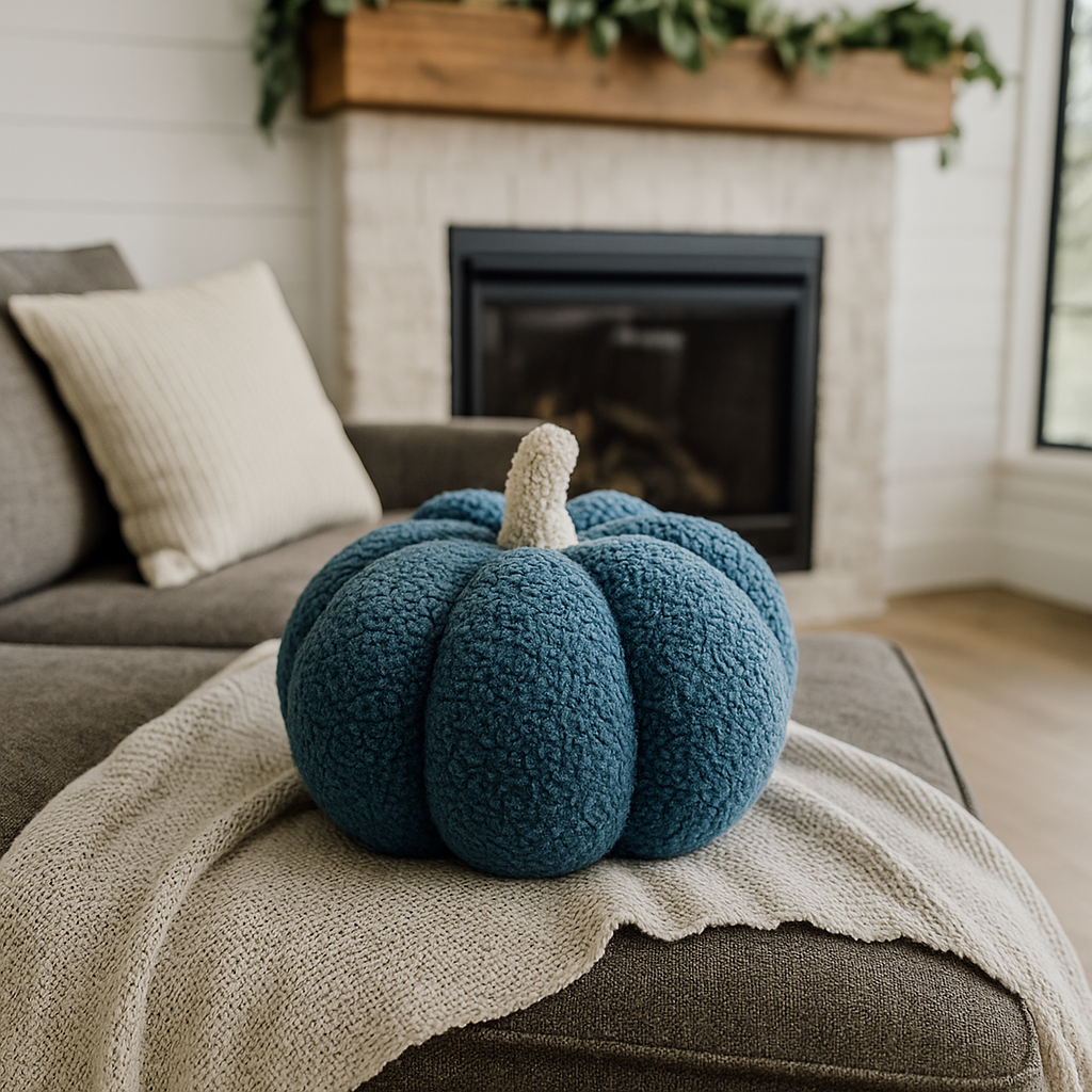 Blue textured pumpkin on a couch in a cozy living room with a fireplace.