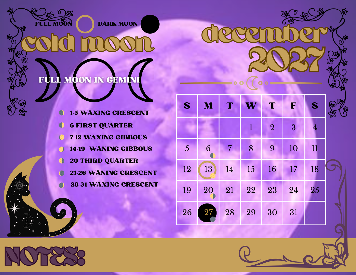 Witchy Moon Magic Lunar Wall Calendar — Moon Phases Calendar - Lucky Girl Gifts