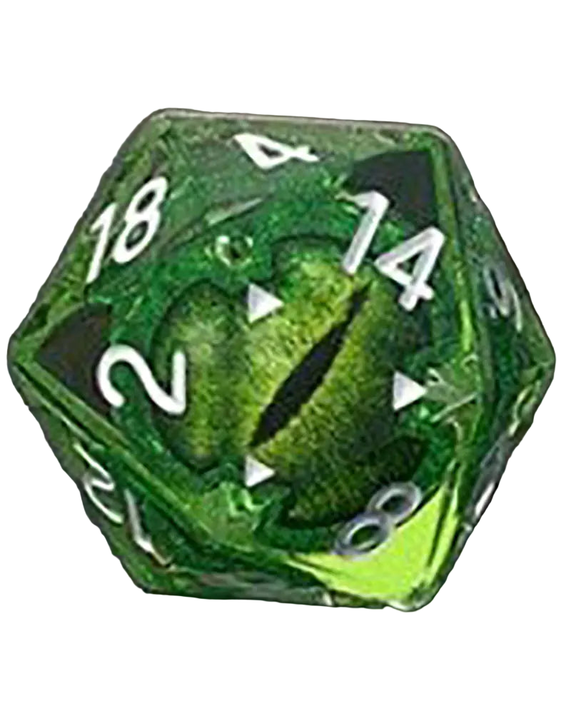 Green polyhedral dice with white numbers on a dark background