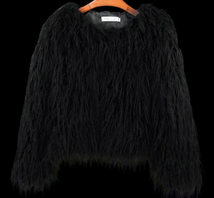 Black fluffy jacket on a hanger against a gray background