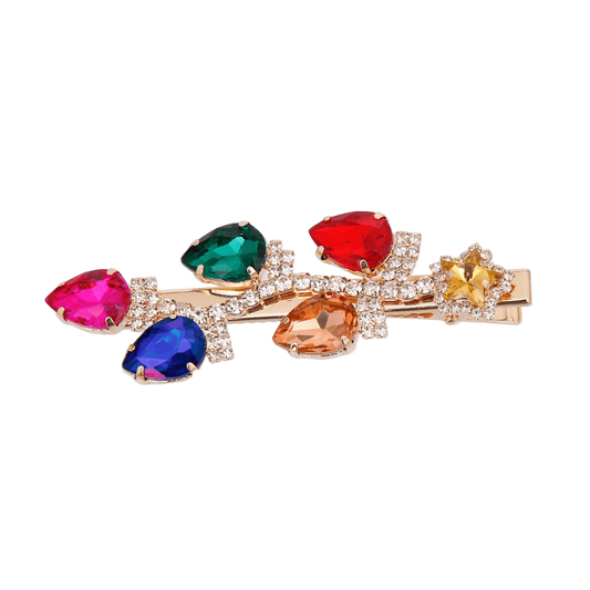 Colorful gemstone hair clips on a white background