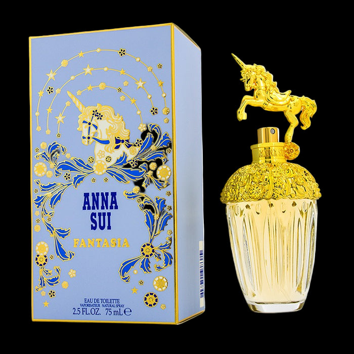 Anna Sui Fantasia perfume bottle and packaging with a unicorn design on a white background