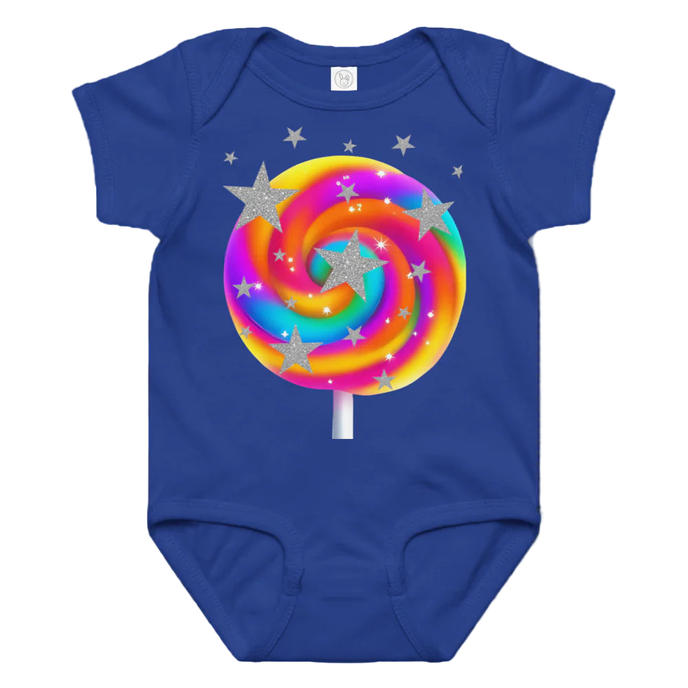 Blue baby onesie with a colorful lollipop design on a white background