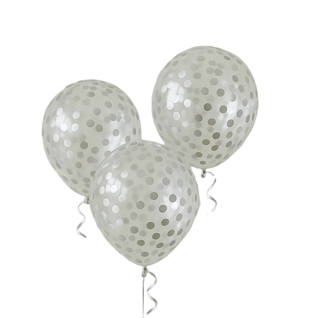 Three clear balloons with silver polka dots against a light background with string lights.