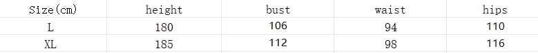 Table showing clothing size chart with measurements in centimeters