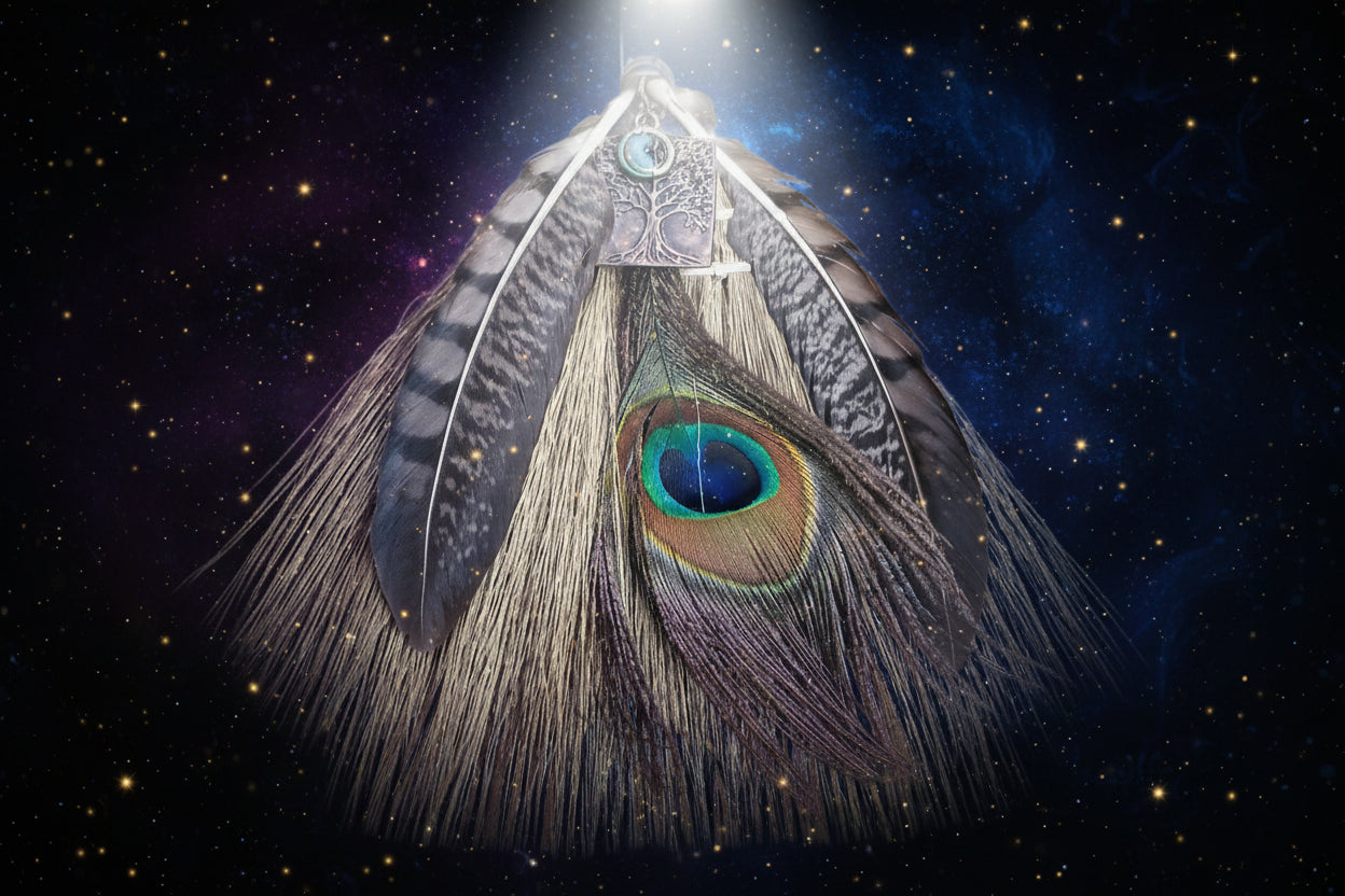 Witch's Altar Broom with Peacock Feather & Amethyst Crystal for Energetic Cleansing - Lucky Girl Gifts