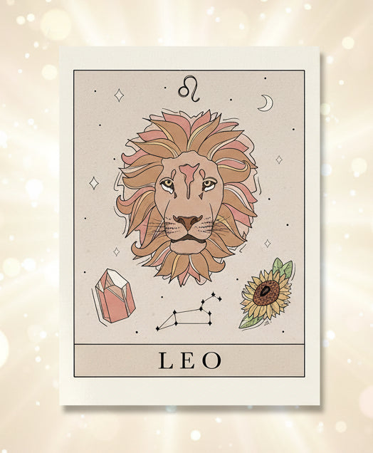 Leo zodiac card with a lion illustration on a beige background