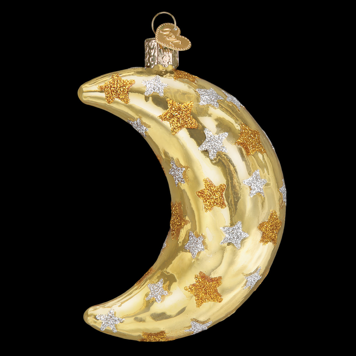 Gold crescent moon ornament with star designs on a white background