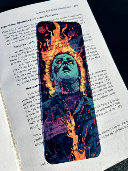 Artistic bookmark with a fiery design on an open book