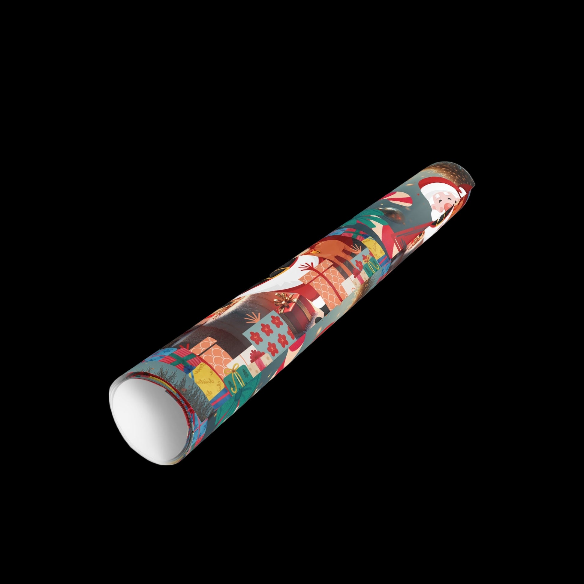 Roll of Christmas-themed wrapping paper with Santa Claus and presents on a white background