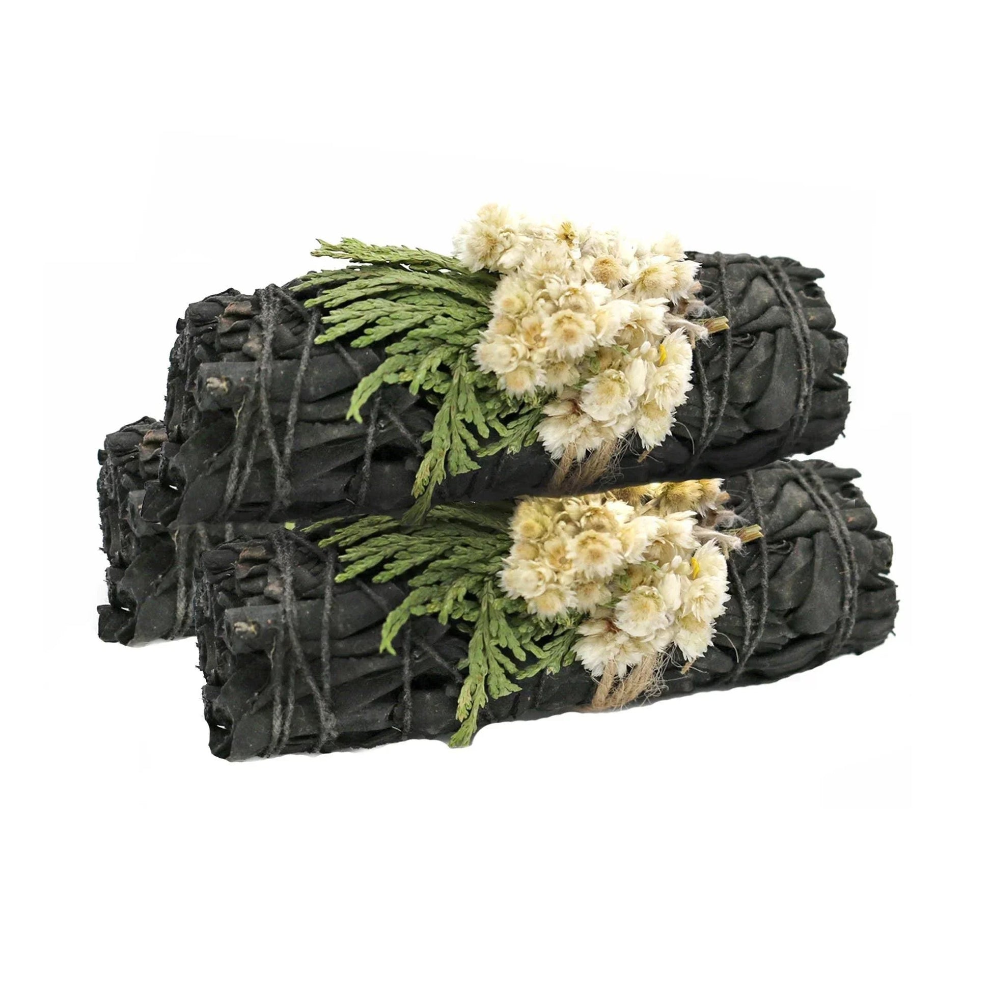 Two bundles of sage with flowers and greenery on a white background