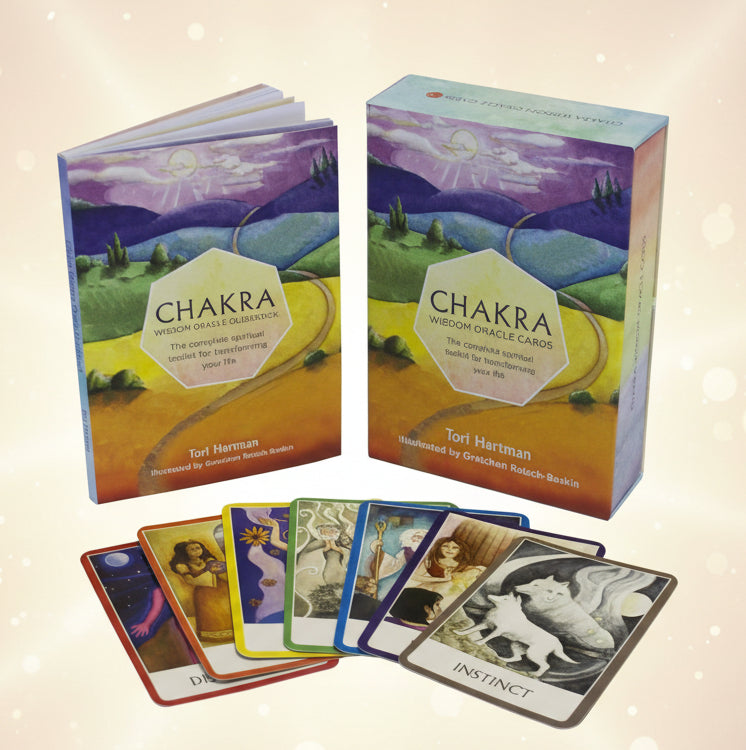 Chakra oracle cards with colorful packaging on a white background