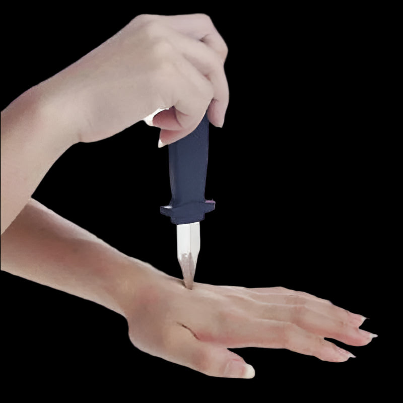 Hand holding a small device applying liquid to another hand on a white background