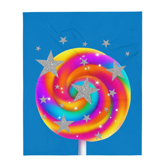 Colorful kite with rainbow swirl and stars on a blue background