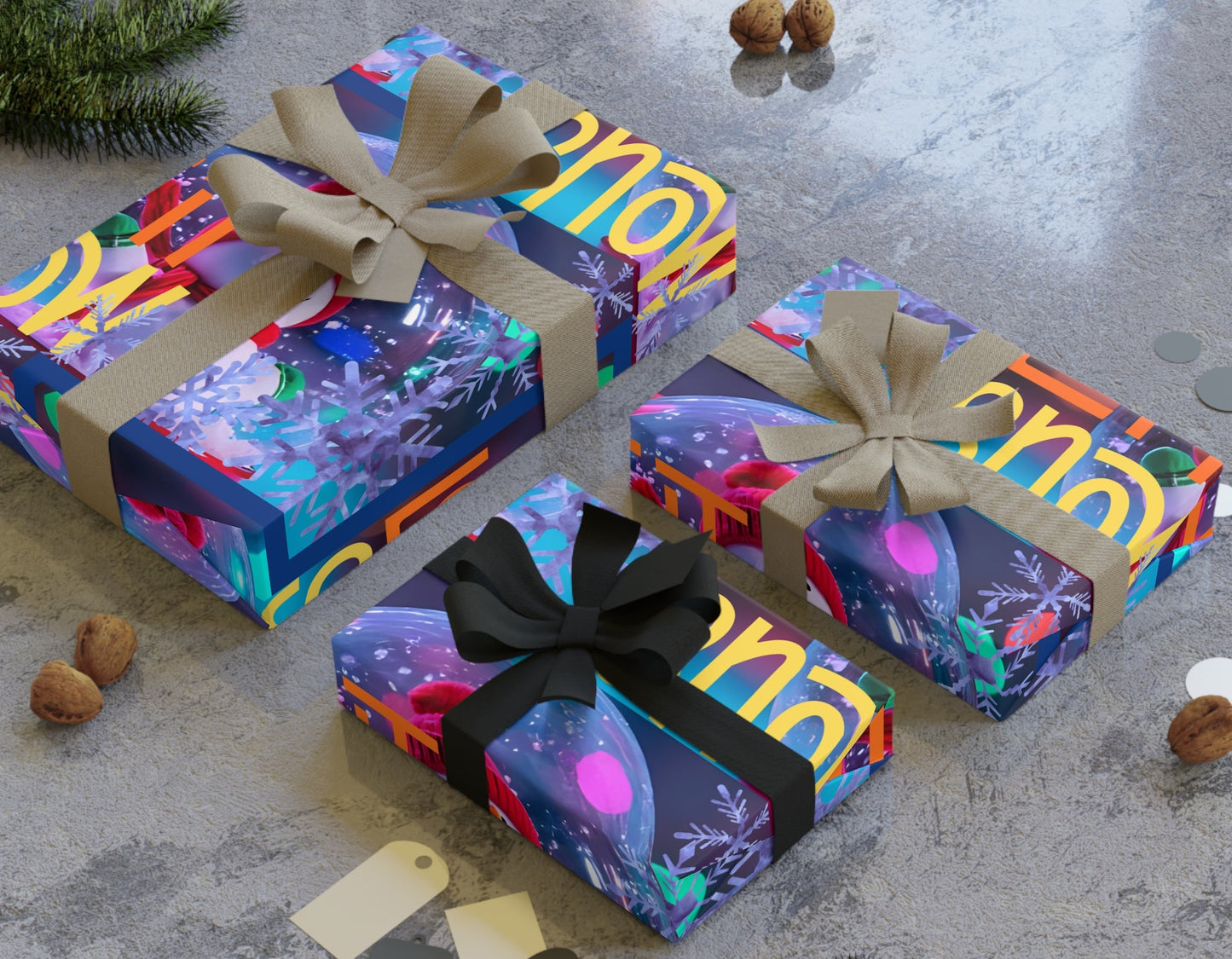 Colorful gift boxes with ribbons on a textured surface