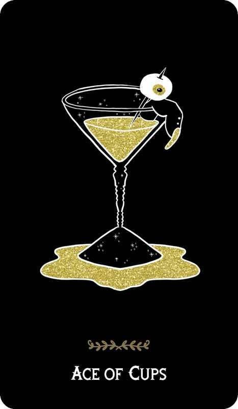 Ace of Cups tarot card with a cocktail glass and olive on a black background