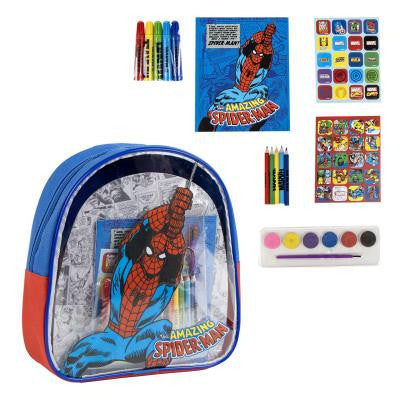 Spider-Man themed pencil case with stationery items on a white background