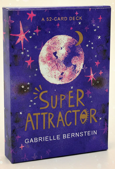 Card deck packaging titled 'Super Attractor' by Gabrielle Bernstein with a purple background and celestial design.