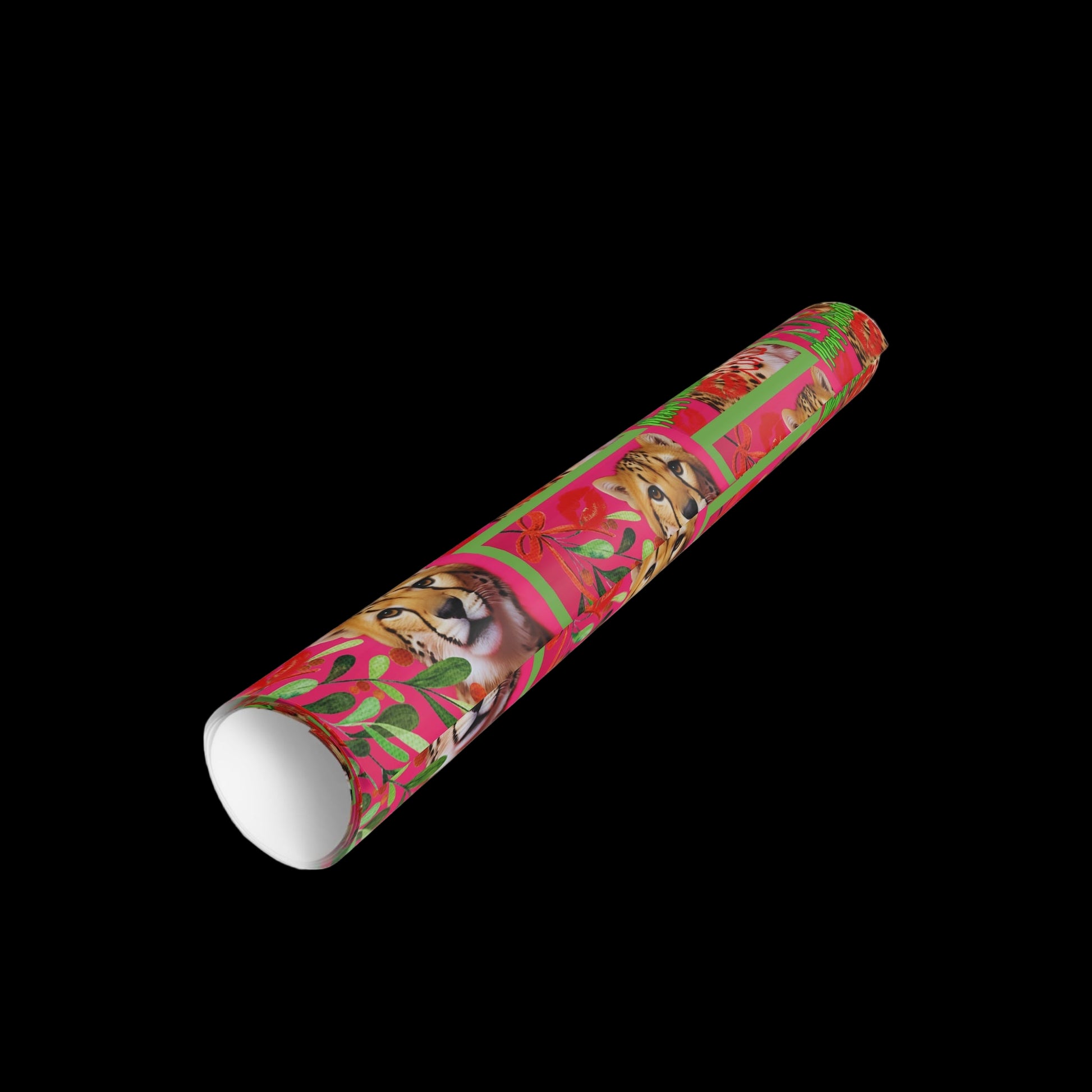 Roll of wrapping paper with dog and cactus design on a white background
