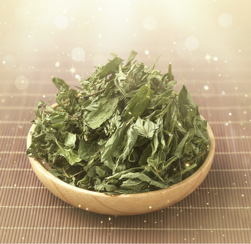 Dry green herbs in a wooden bowl on a woven mat