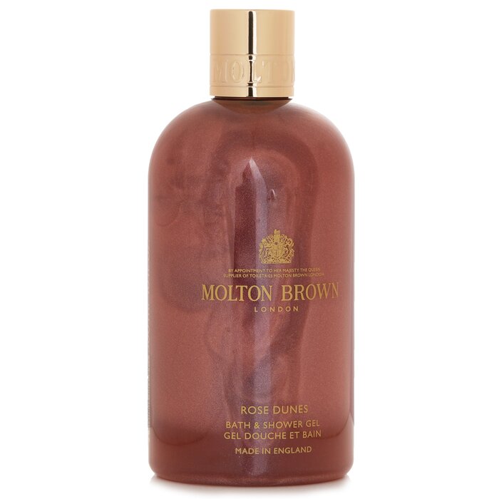 Molton Brown Rose Dunes bath and shower gel bottle on a white background