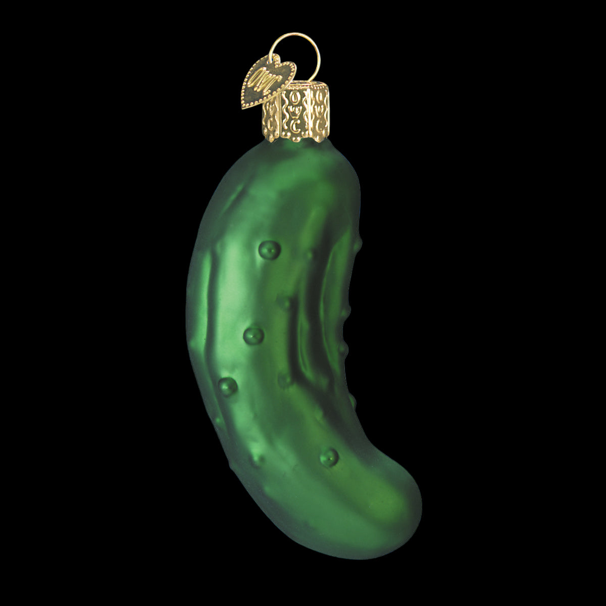 Green pickle-shaped ornament with a gold top on a white background