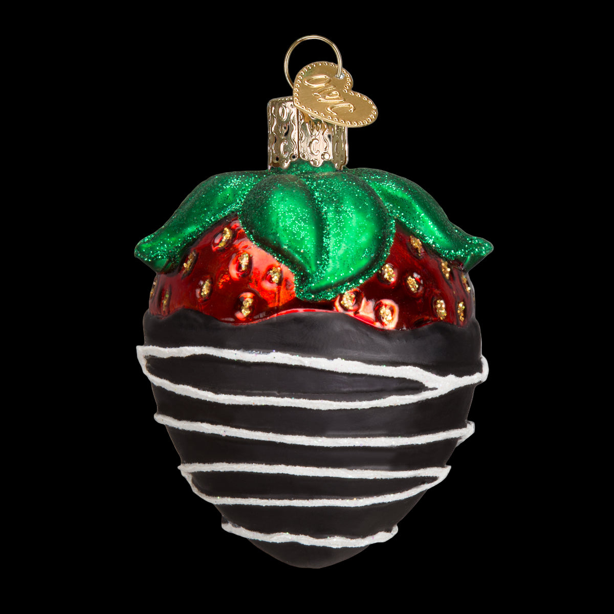Decorative Christmas ornament shaped like a chocolate-dipped strawberry on a white background