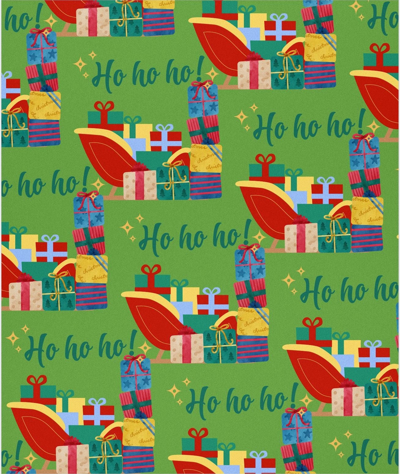 Christmas-themed wrapping paper with presents and reindeer on a green background