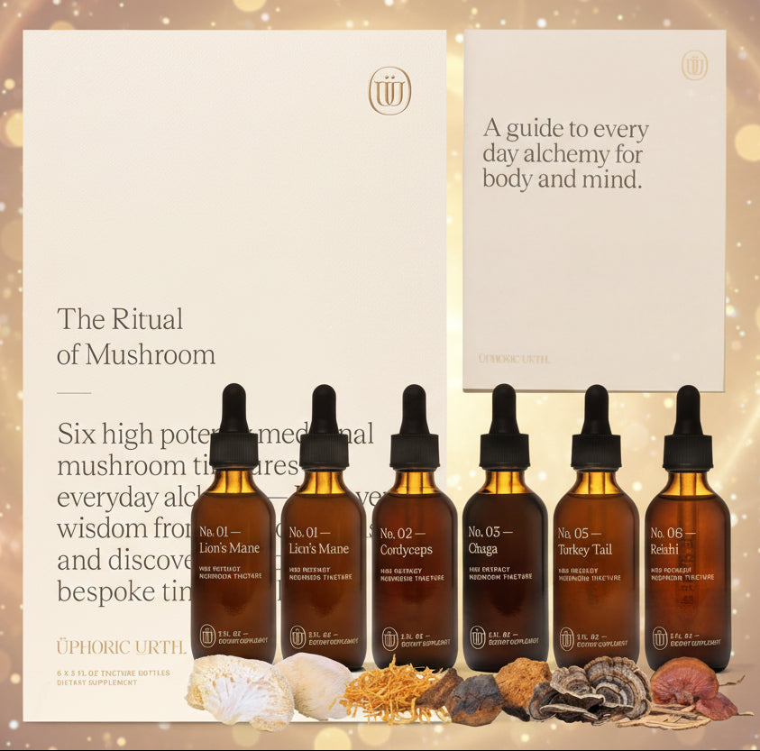 Set of six mushroom tincture bottles with a guide on a beige background