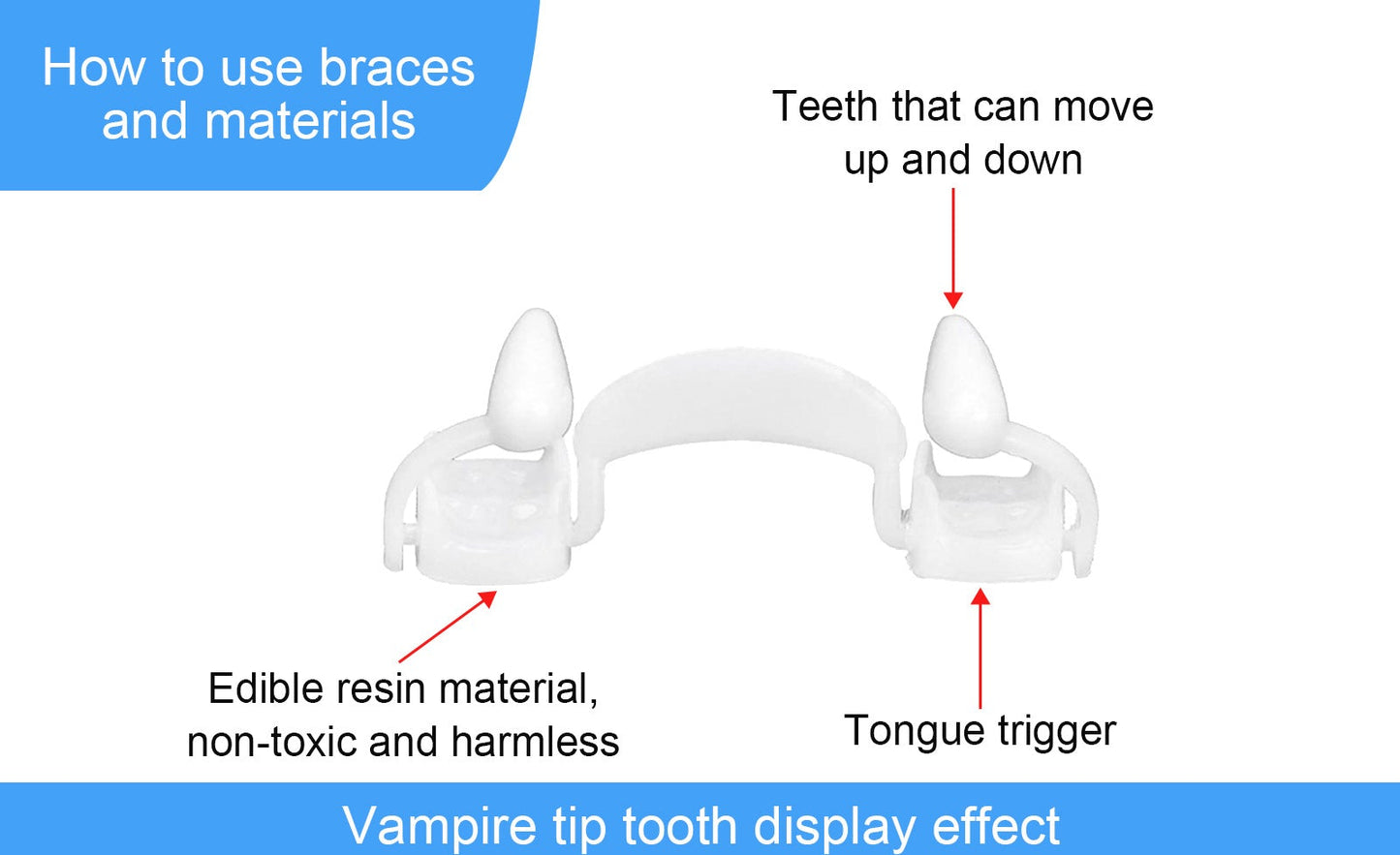 Vampire-themed teeth display with text explaining features and Halloween costume images.