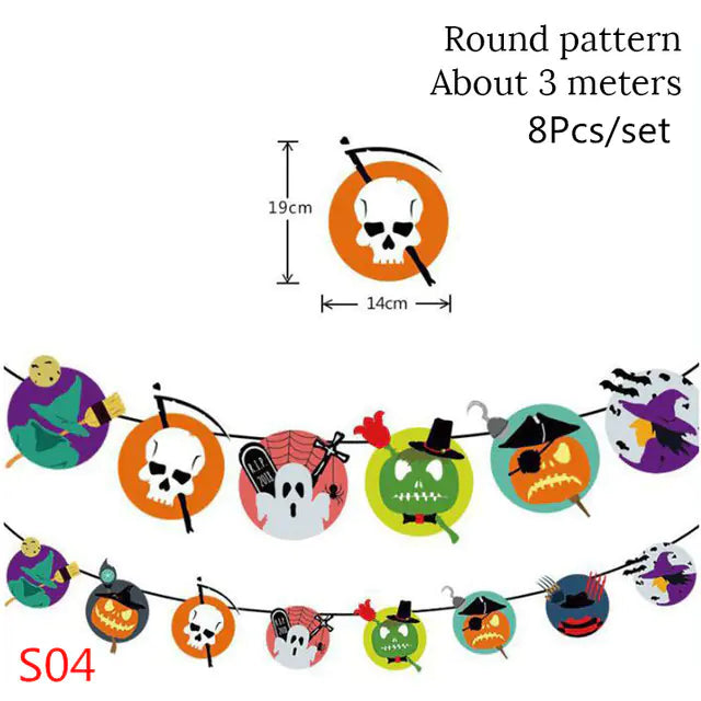 Halloween-themed round pattern with measurements and quantity information on a white background.
