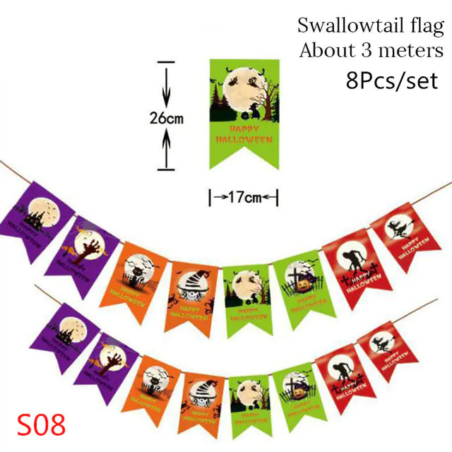 Halloween-themed swallowtail flags with measurements on a white background