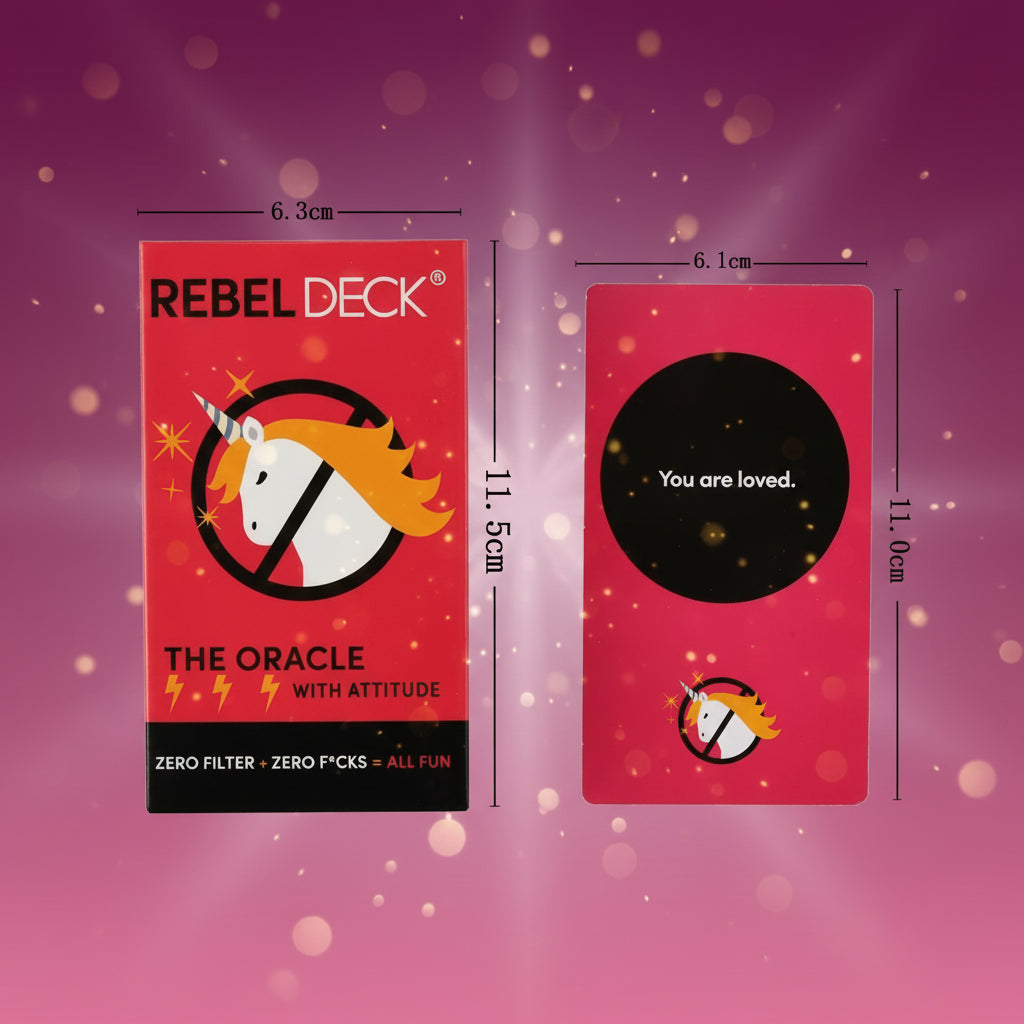 Red card packaging with unicorn design and dimensions displayed