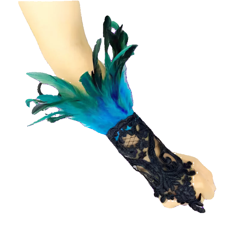 Black lace wristband with blue and green feathers on a white background