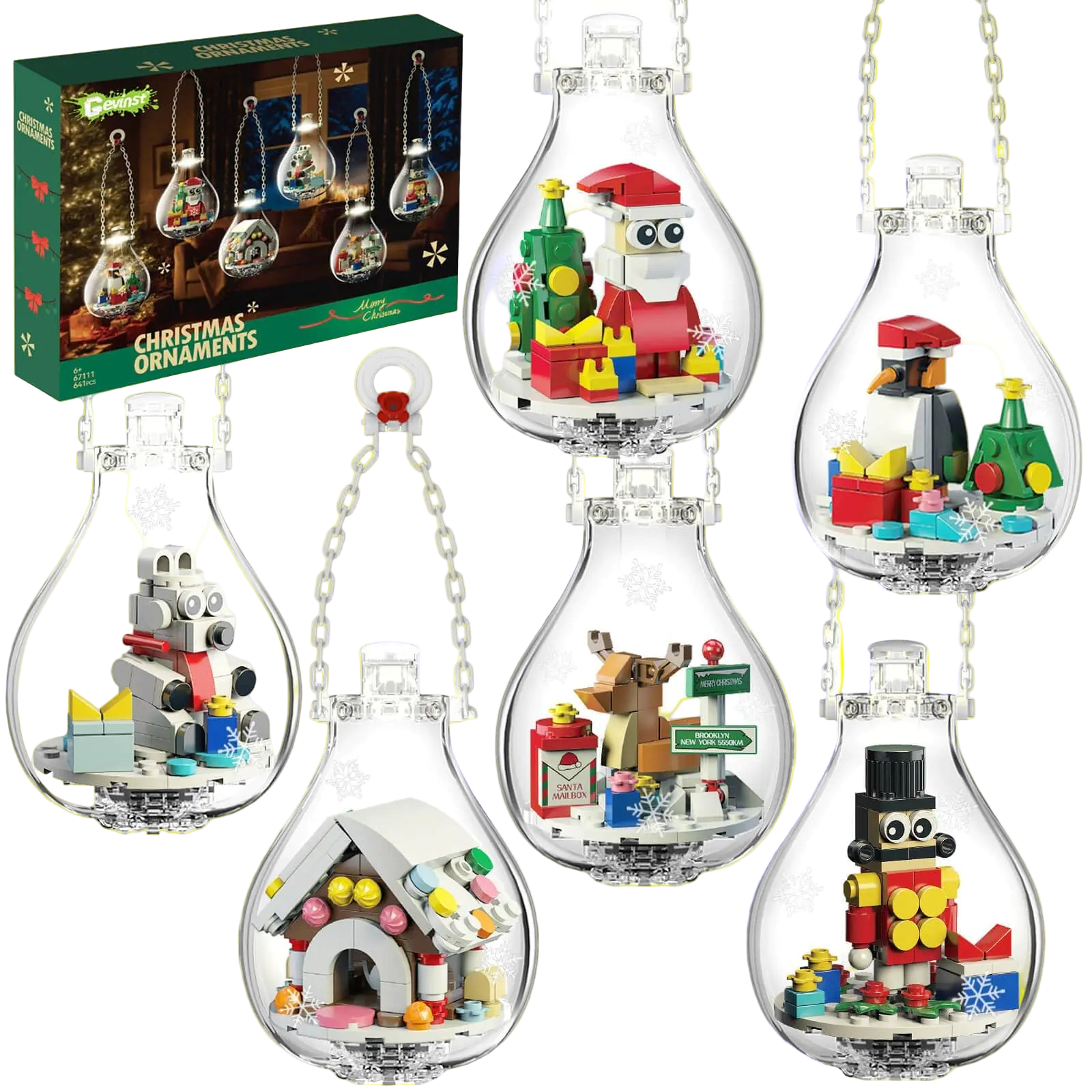 Set of Christmas-themed LEGO ornaments in clear bulb-shaped containers with a box in the background.