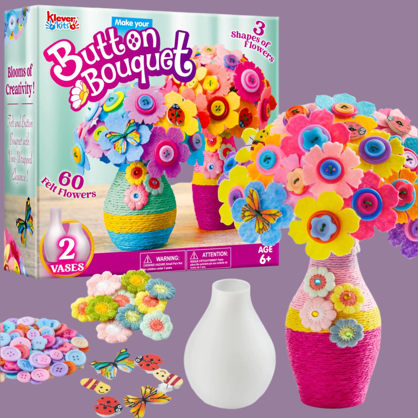 Button Bouquet craft kit with colorful flowers and vases on a white background