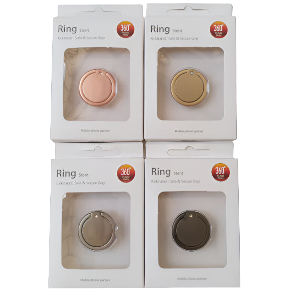 Four packages of Ring Stent phone accessories on a white background