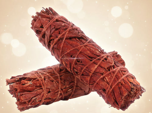 Two bundles of sage tied together on a white background