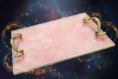 Rose Quartz Agate Tray with Brass Handles for Elegant Serving