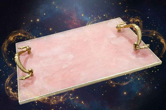 Rose Quartz Agate Tray with Brass Handles for Elegant Serving