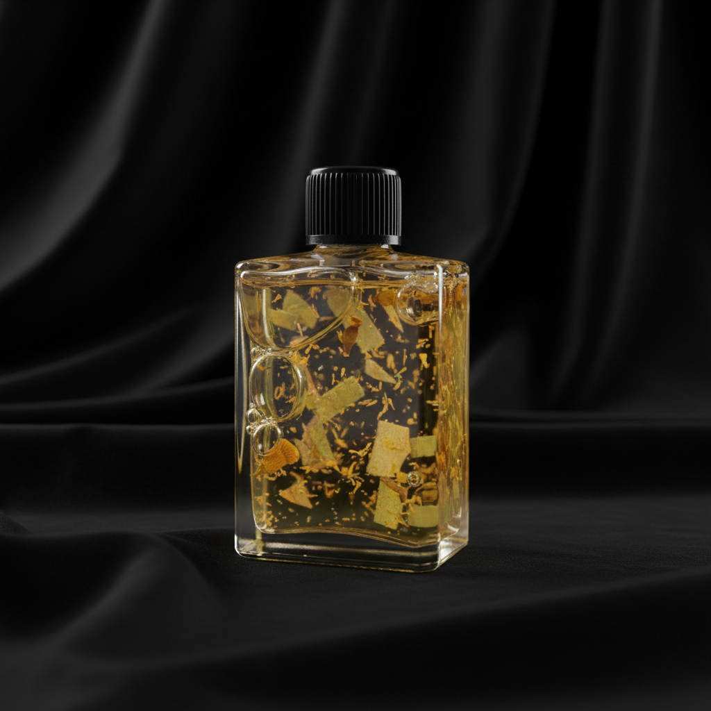Clear bottle with black cap containing yellowish contents on a white background