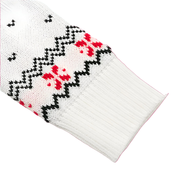 White sock with black and red pattern on a light gray background