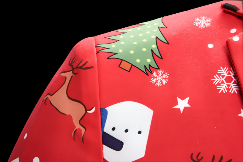Red fabric with Christmas-themed patterns including a tree, reindeer, and snowflakes.