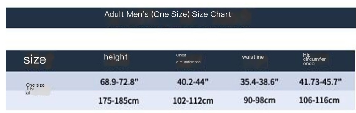 Size chart for adult men's clothing with height, chest, waist, and hip measurements.